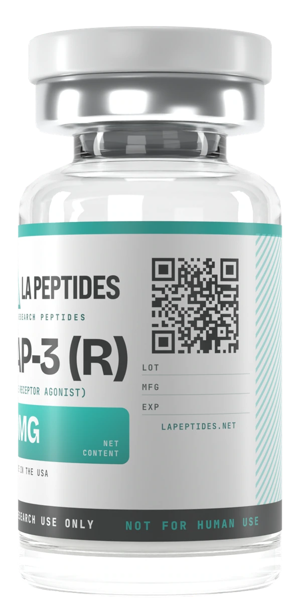 LA Peptides research vial with a QR code on the label