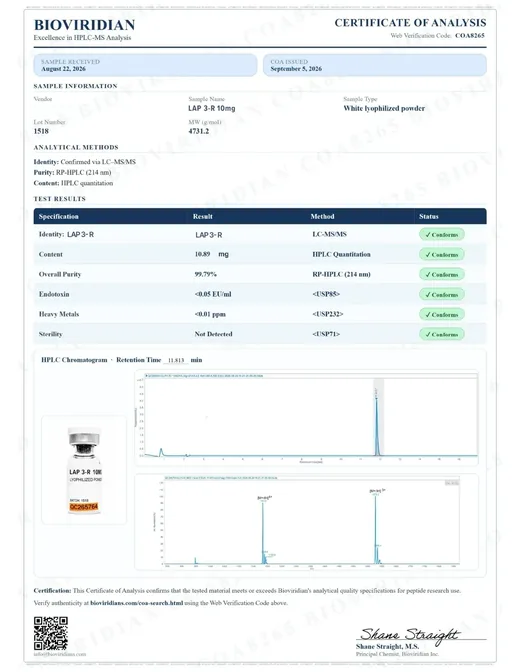 Código QR de Certificate of analysis opened on a phone after scanning the vial